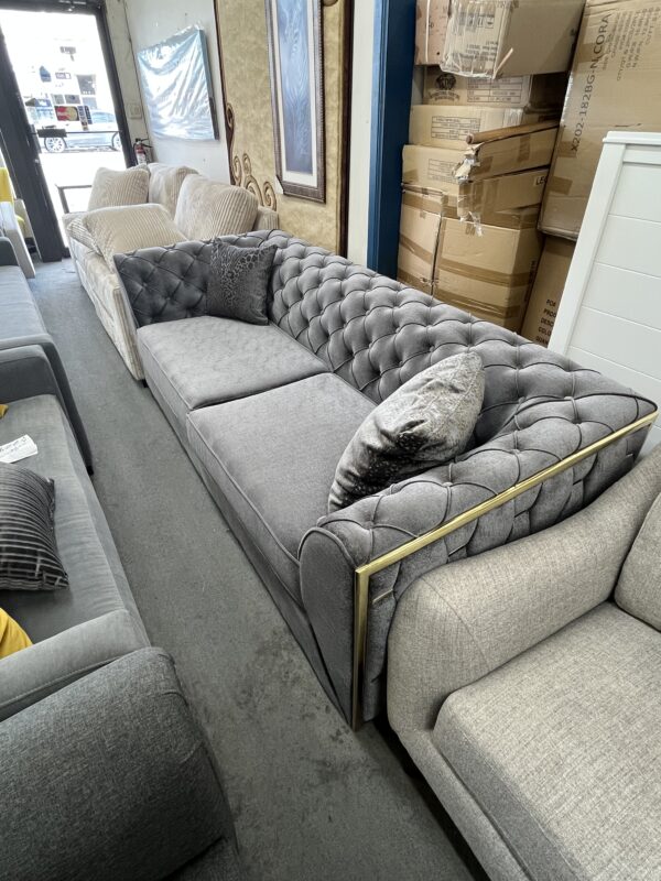 Luxurious Grey Tufted Chesterfield Sofa with Gold Accents - Image 2
