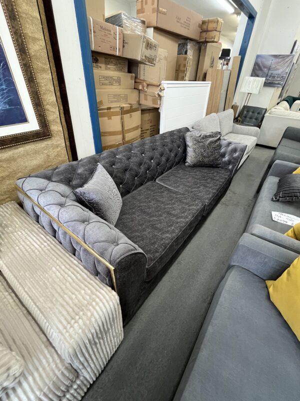 Luxurious Grey Tufted Chesterfield Sofa with Gold Accents - Image 3