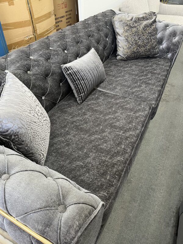 Luxurious Grey Tufted Chesterfield Sofa with Gold Accents - Image 6