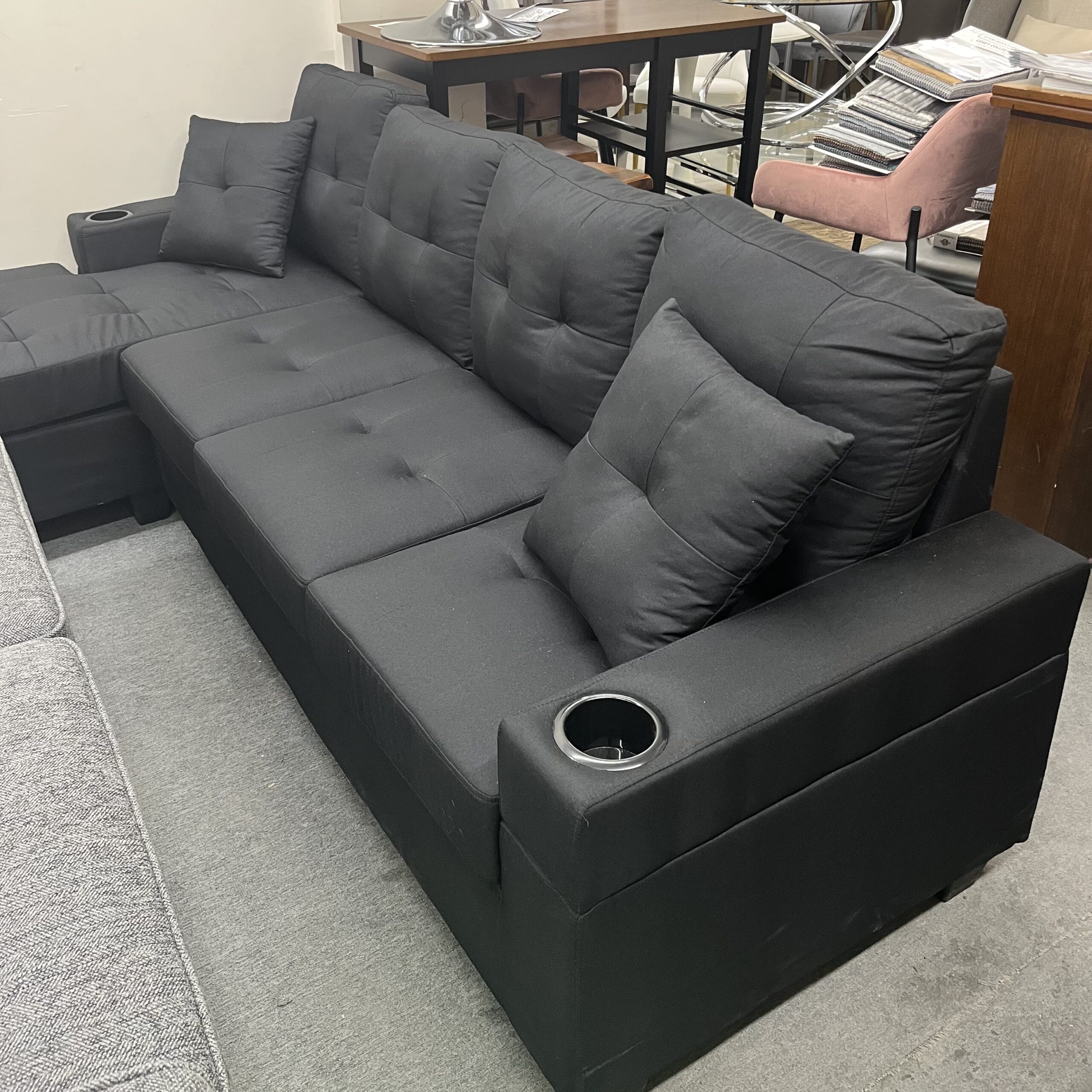 Black Fabric Sectional Sofa with Chaise Storage & Cup Holders - Image 2