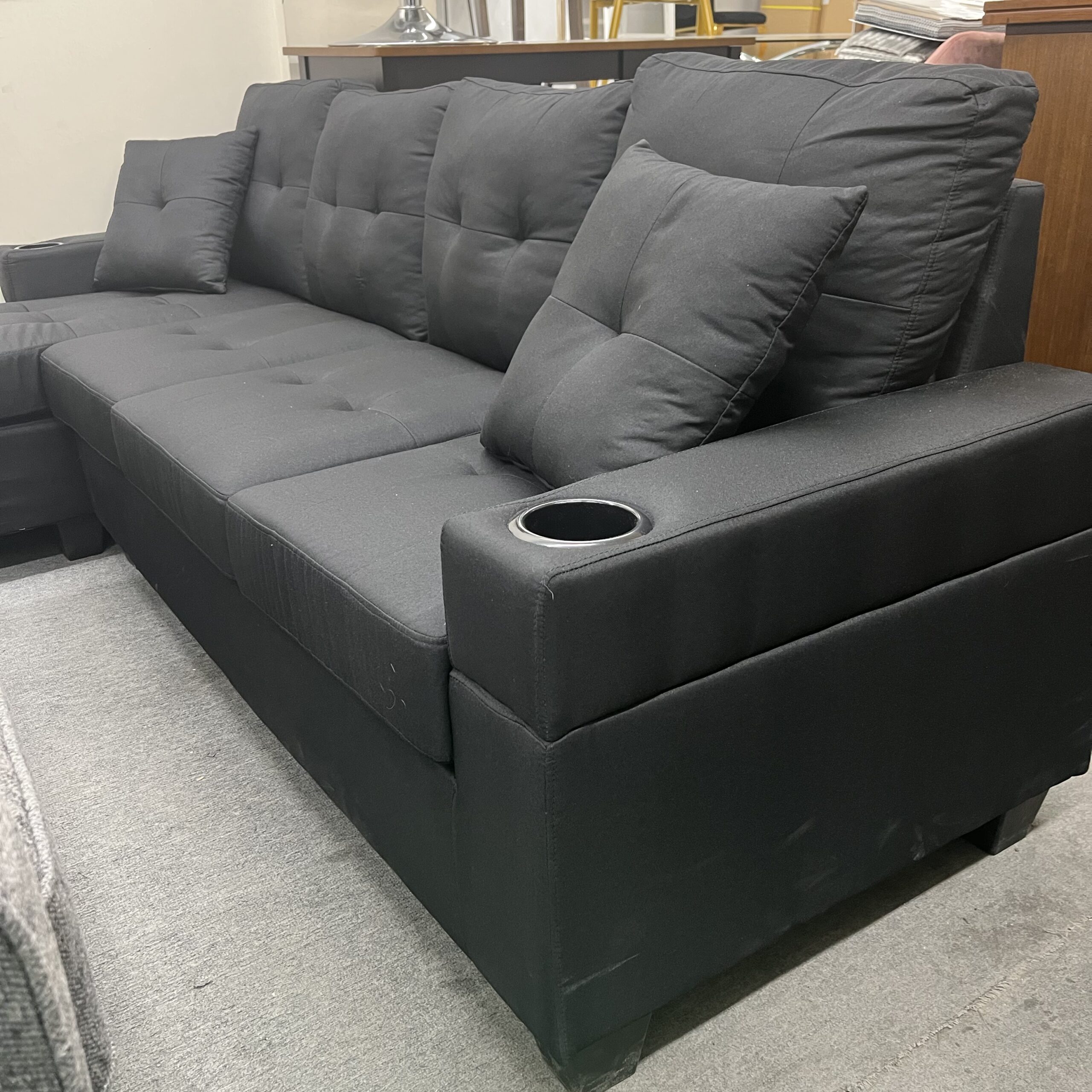 Black Fabric Sectional Sofa with Chaise Storage & Cup Holders - Image 3