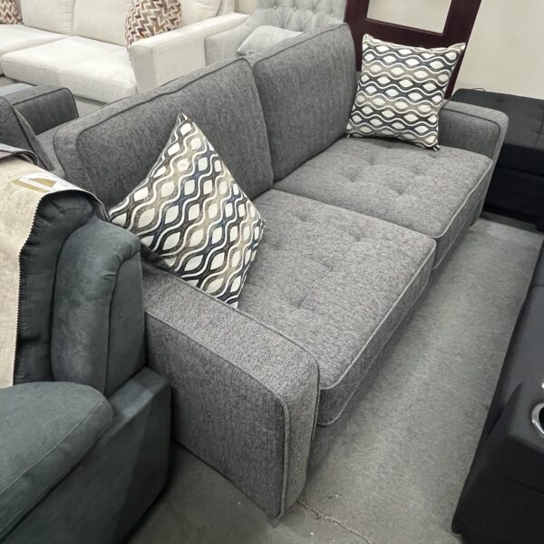 Modern Grey Fabric Sofa with Tufted Cushions & Accent Pillows - Image 2