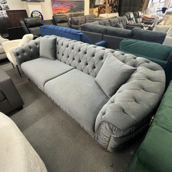 Luxury Grey Velvet Tufted Chesterfield Sofa with Gold Accents - Image 2