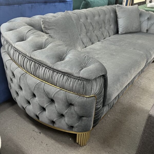 Luxury Grey Velvet Tufted Chesterfield Sofa with Gold Accents - Image 6