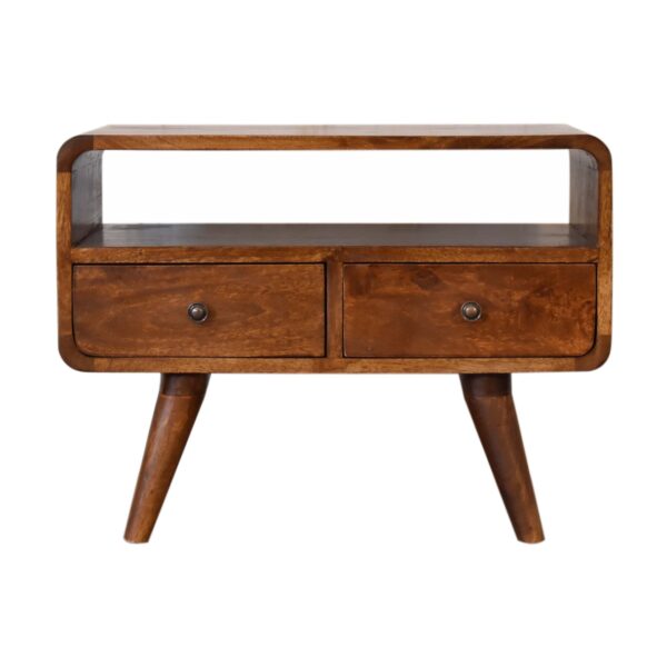 Mini Chestnut Curved Media Unit with 2 Drawers - Image 2