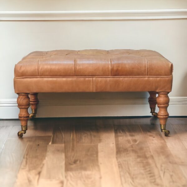 Buffalo Tan Leather Ottoman with Castor Legs - Image 2
