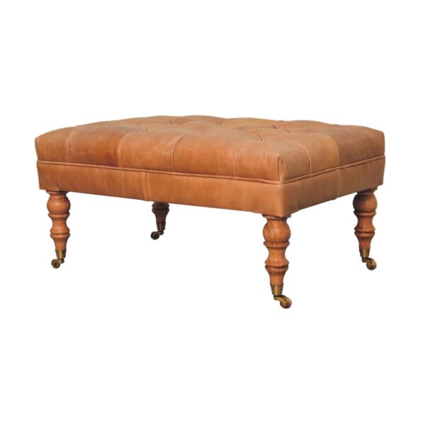 Buffalo Tan Leather Ottoman with Castor Legs - Image 6
