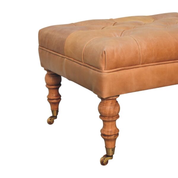 Buffalo Tan Leather Ottoman with Castor Legs - Image 9