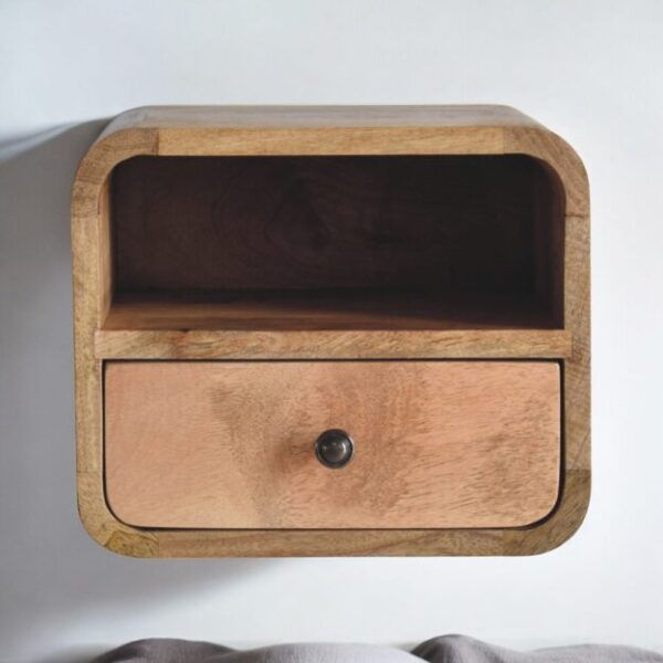 Extra Mini Wall Mounted Curved Oak ish Bedside with Open Slot