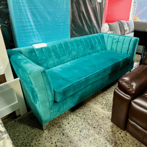 Teal Velvet Sofa with Vertical Channel Tufting and Chrome Legs