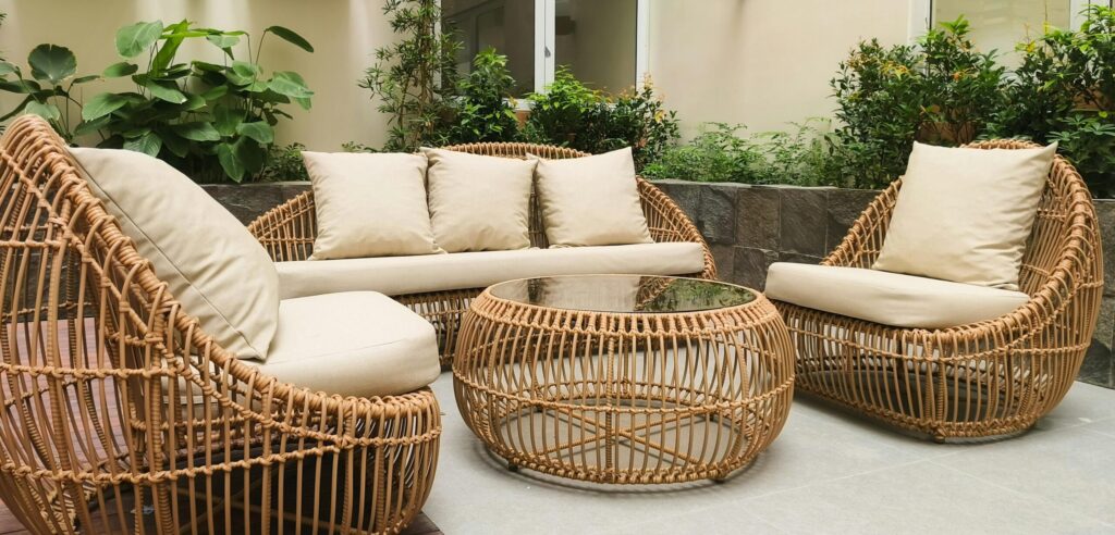 How to choose outdoor patio furniture for Canadian climate showing a powder coated aluminum conversation set on a wooden deck in a Canadian backyard