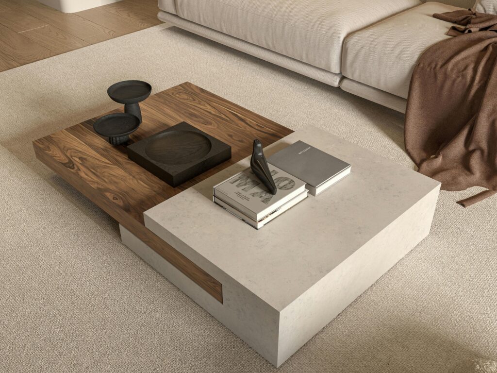 Multi functional furniture small apartment Canada showing a bright Toronto condo living room with a storage ottoman coffee table and compact modular sofa
