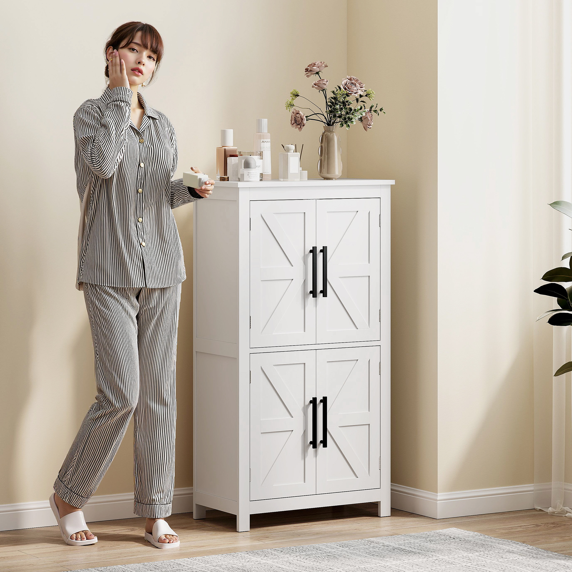 Farmhouse Bathroom Storage Cabinet, Bathroom Floor Cabinet with Barn Doors and Adjustable Shelf, White - Image 5