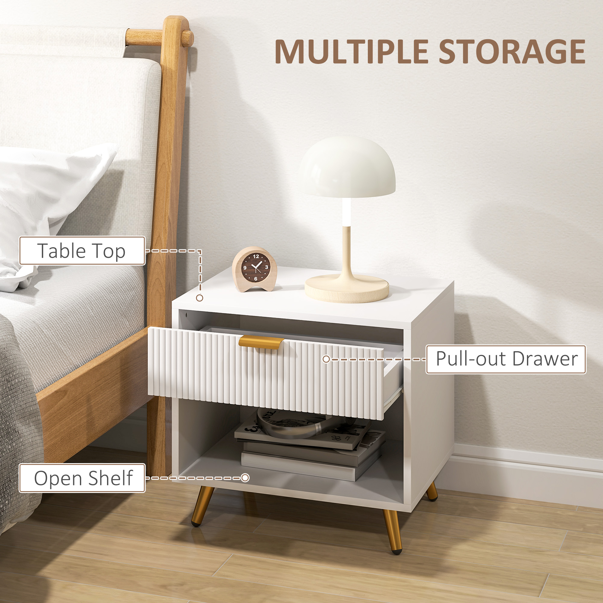 Nightstand with Fluted Panel, Bedside Table with Drawer and Open Compartment, Modern Night Table for Bedroom, White - Image 3
