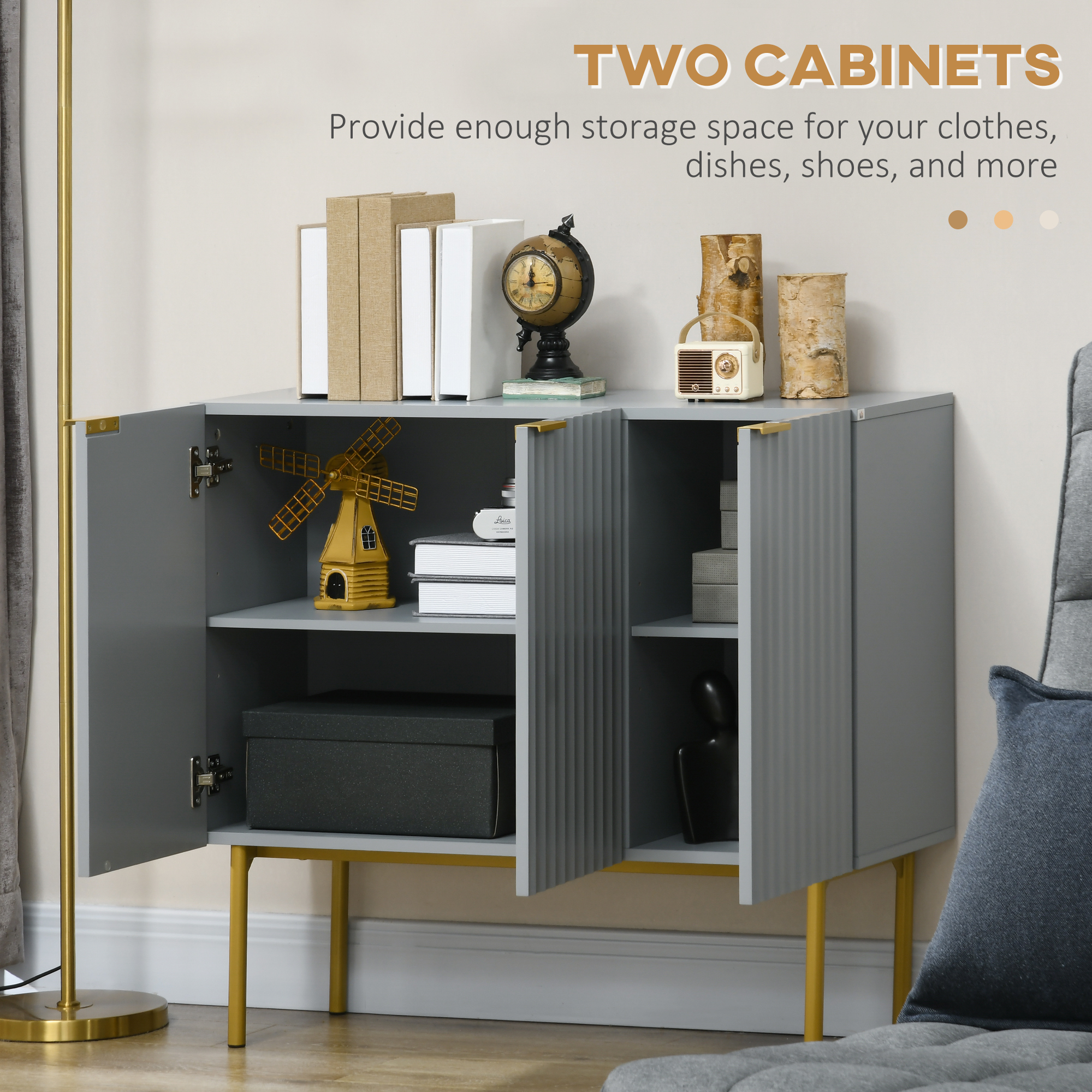 Modern Storage Cabinet Sideboard Buffet Cabinet with Gold Legs for Living Room Dining Room Hallway Grey - Image 3