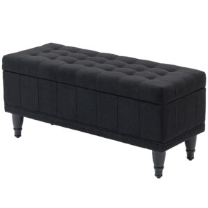 Storage Ottoman, Linen Fabric End of Bed Bench with Button Tufted Storage Bench for Bedroom, Black