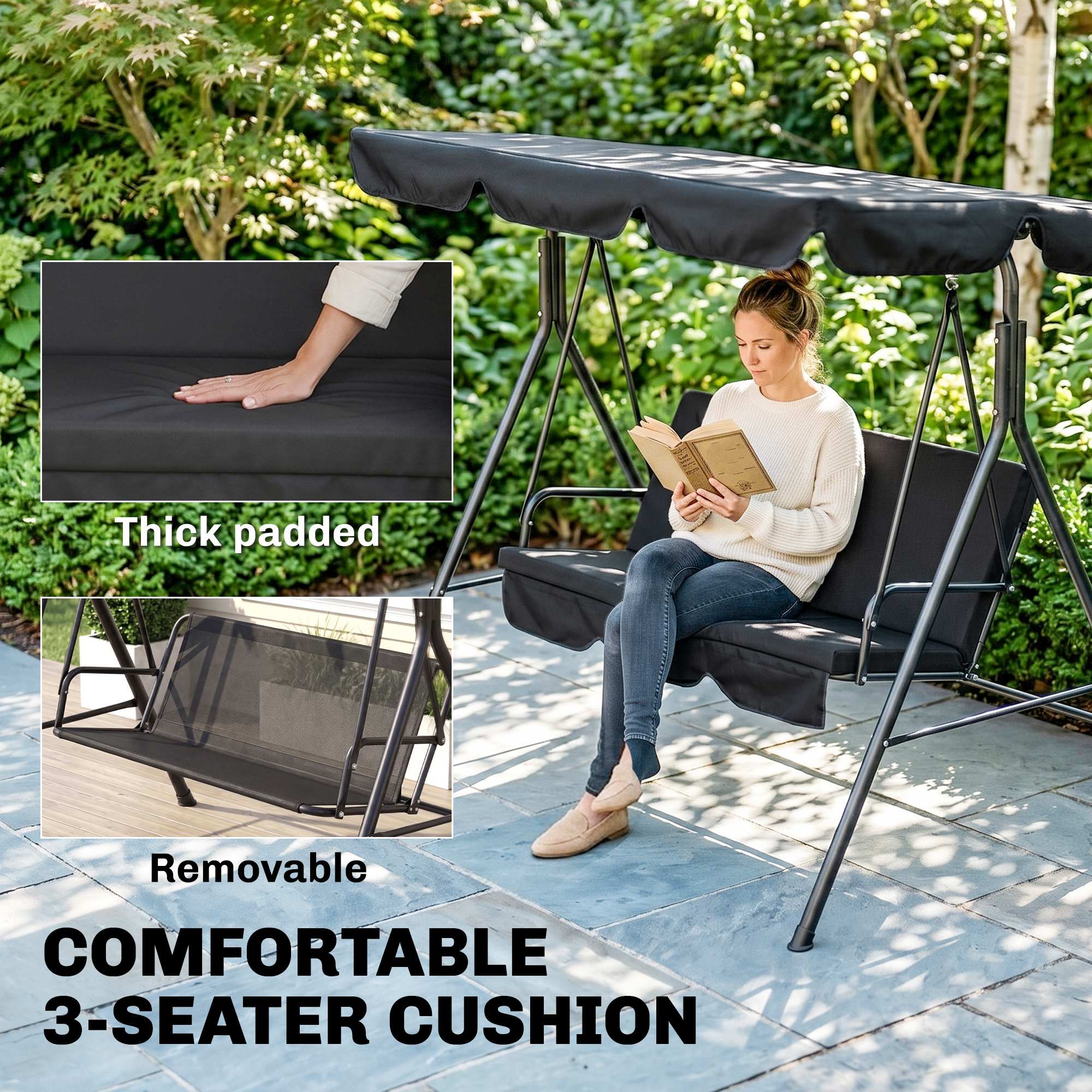 3-Seater Outdoor Porch Swing with Adjustable Canopy, Patio Swing Chair for Garden, Poolside, Backyard, Black - Image 5