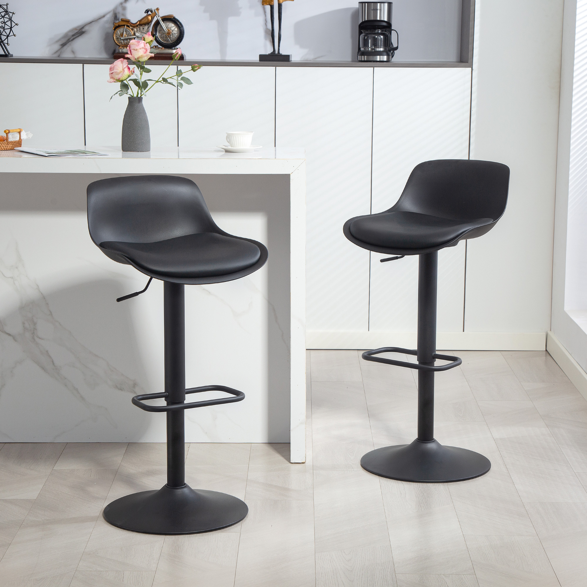 Counter Height Bar Stools Set of 2, Streamlined Bar Chairs with Adjustable Height and Swivel PU Leather Seat, Black - Image 6