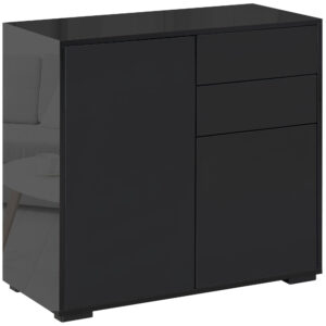 High Gloss Buffet Sideboard with 2 Drawers, 2 Doors and Adjustable Shelf, Kitchen Storage Cabinet with Push Open Design, Black
