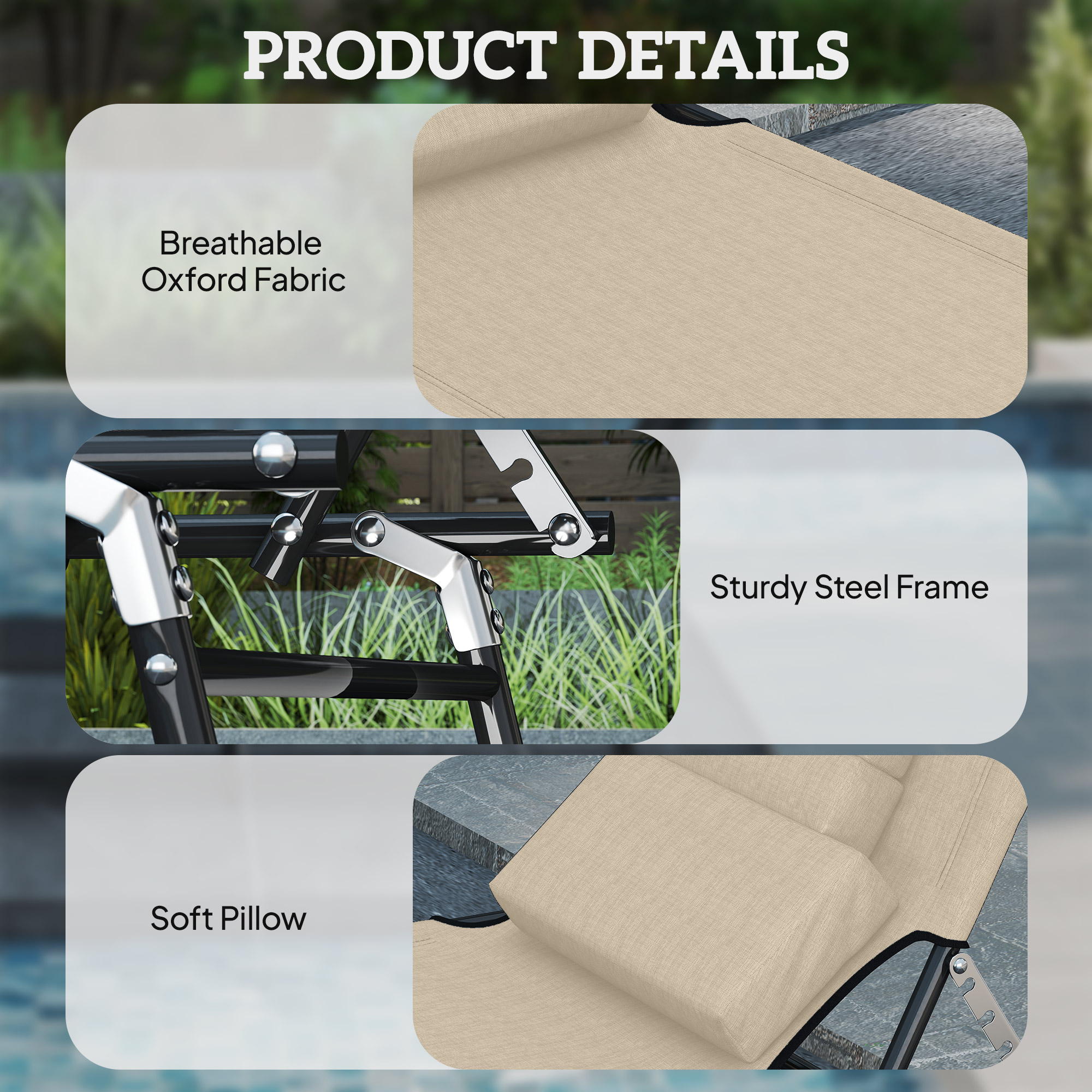 Outdoor Lounge Chair, Garden Folding Chaise Lounge w/ Adjustable Backrest, Face Hole and Support Pillow, Beige - Image 4