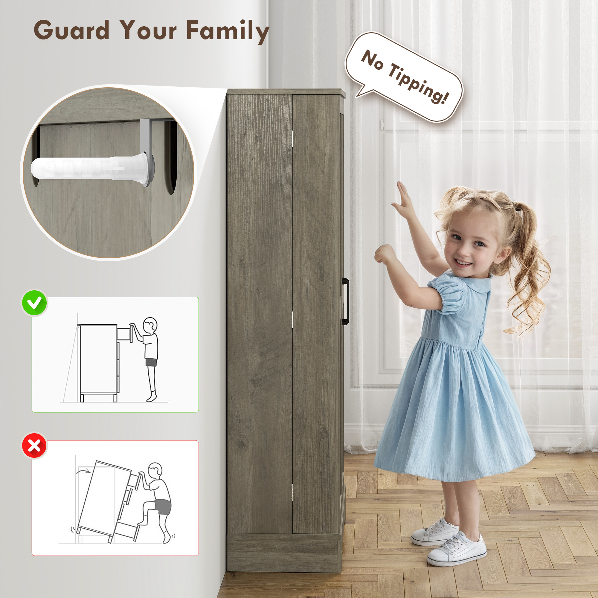 50" Pantry Storage Cabinet, Farmhouse Kitchen Pantry Cabinet with Doors, Adjustable Shelves, Distressed Grey - Image 5