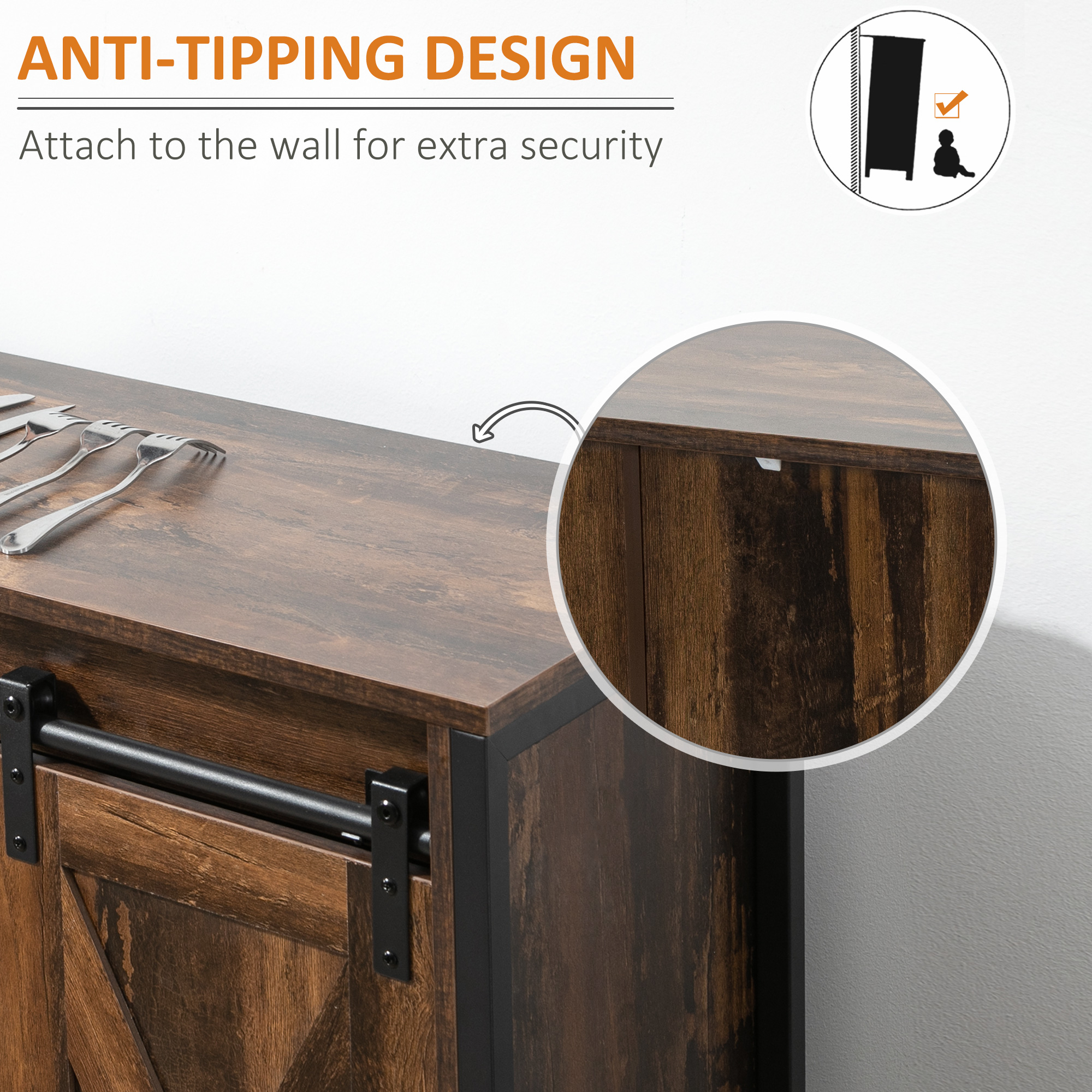 Industrial Buffet Cabinet, Kitchen Sideboard with Sliding Barn Doors, Three Drawers and Adjustable Shelves, Rustic Brown - Image 5