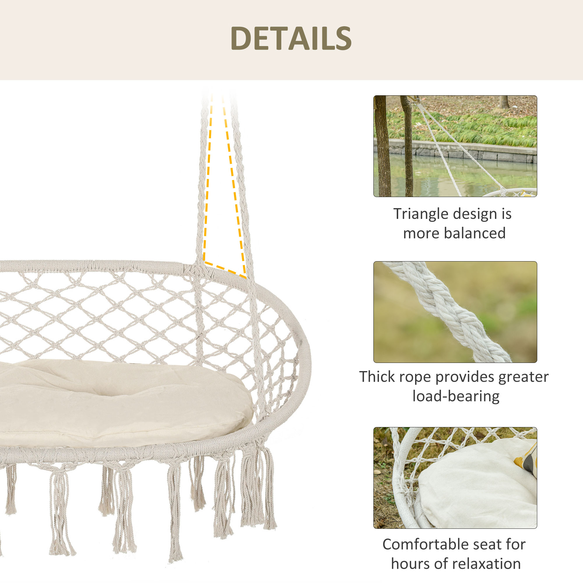 Patio Hammock Chair 2 Seat, Hanging Rope Hammock Swing Chair with Metal Frame and Cushion, Large Macrame Seat for Indoor and Outdoor 396 lbs Capacity, Cream White - Image 4