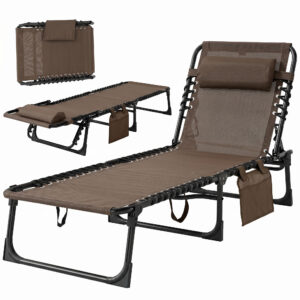 Outdoor Folding Chaise Lounge, Reclining Lounge Chair with Adjustable Backrest and Removable Pillow, Brown