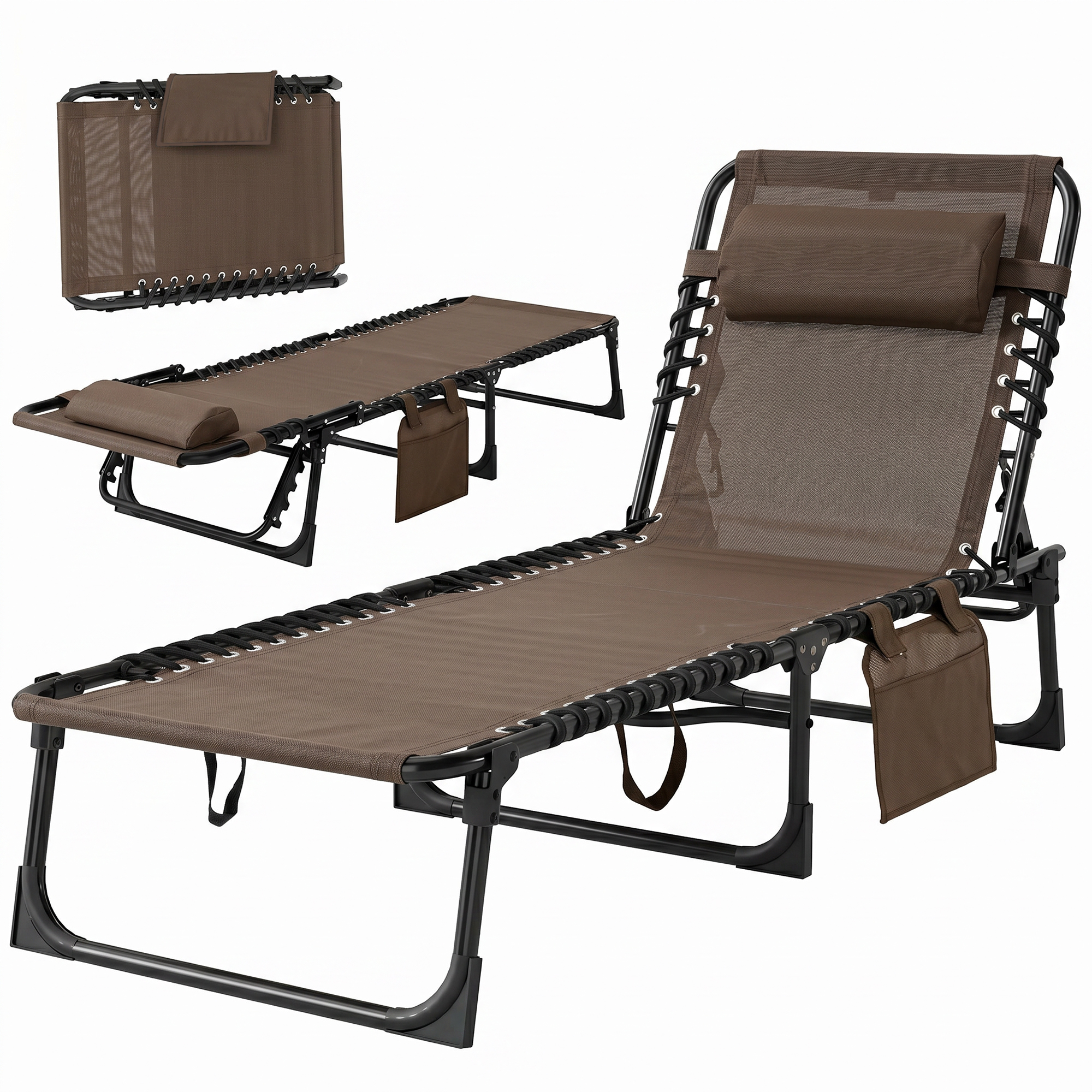 Outdoor Folding Chaise Lounge, Reclining Lounge Chair with Adjustable Backrest and Removable Pillow, Brown