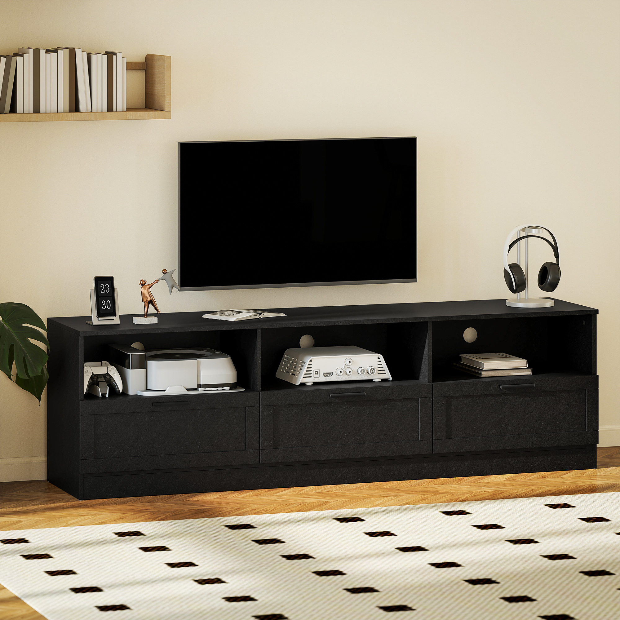 TV Stand with Storage, Modern Entertainment Center with 3 Cabinets and 3 Open Shelves, for TVs up to 85", Black - Image 5