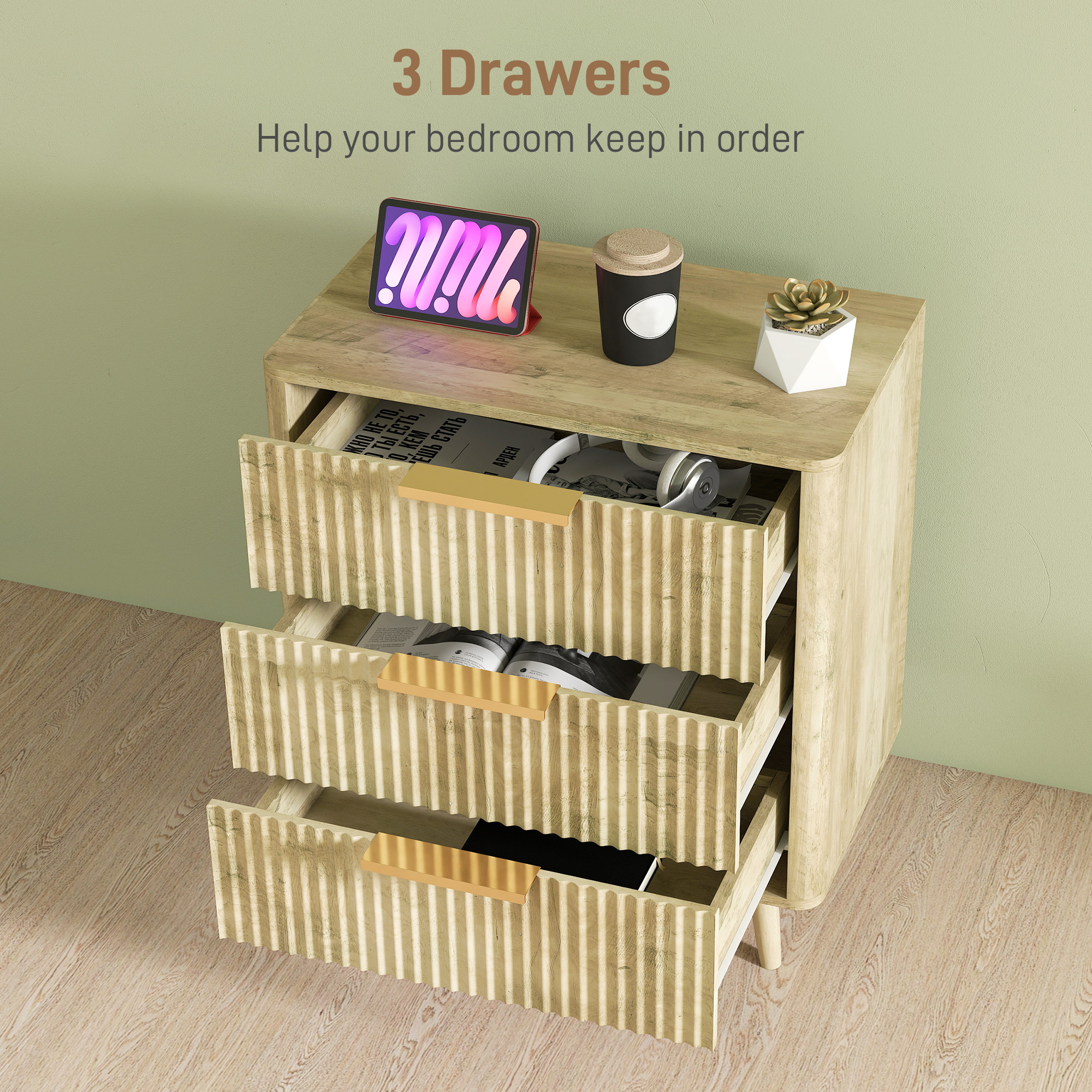Fluted Chest of Drawers, Modern 3 Drawer Dresser with Pine Wood Legs, Finger Pulls for Closet, Living Room, Hallway, Oak - Image 2
