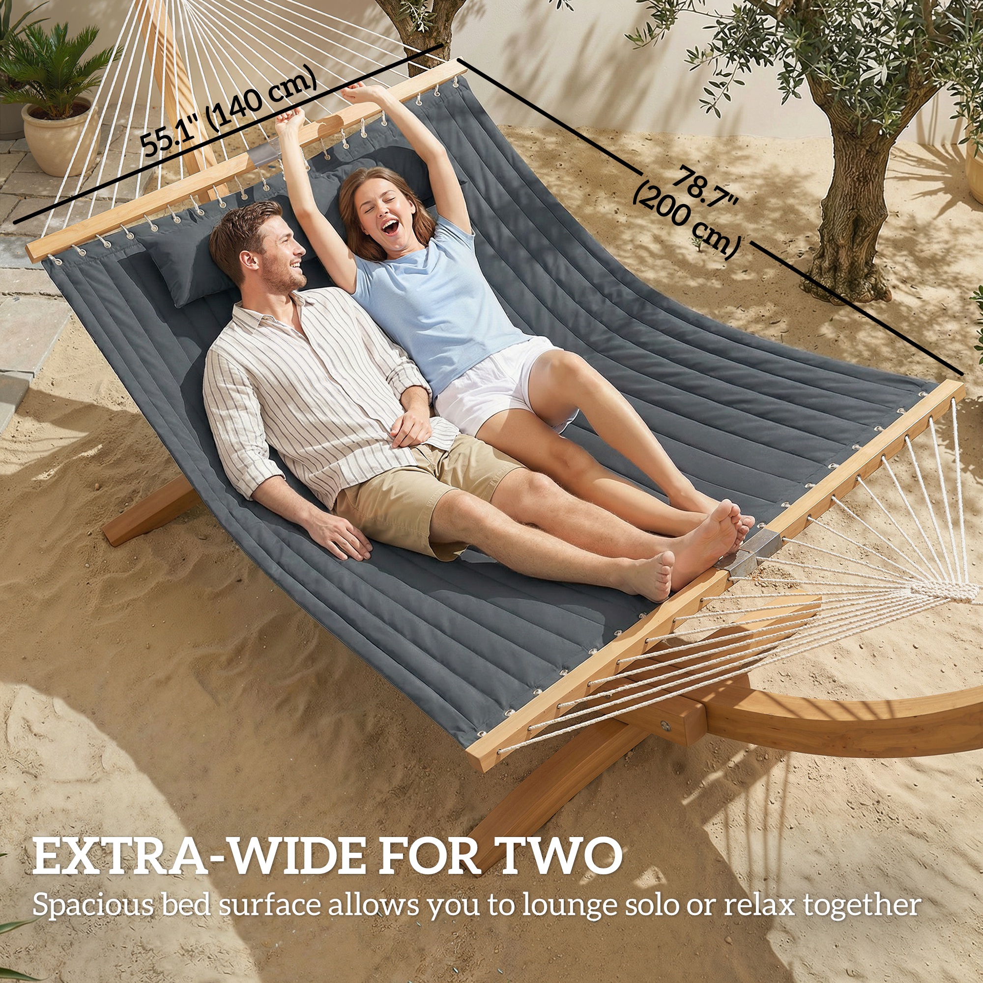 Outdoor Hammock Padded Camping Hammock with Pillow & Spreader Bars 200 x 140 cm Grey - Image 3