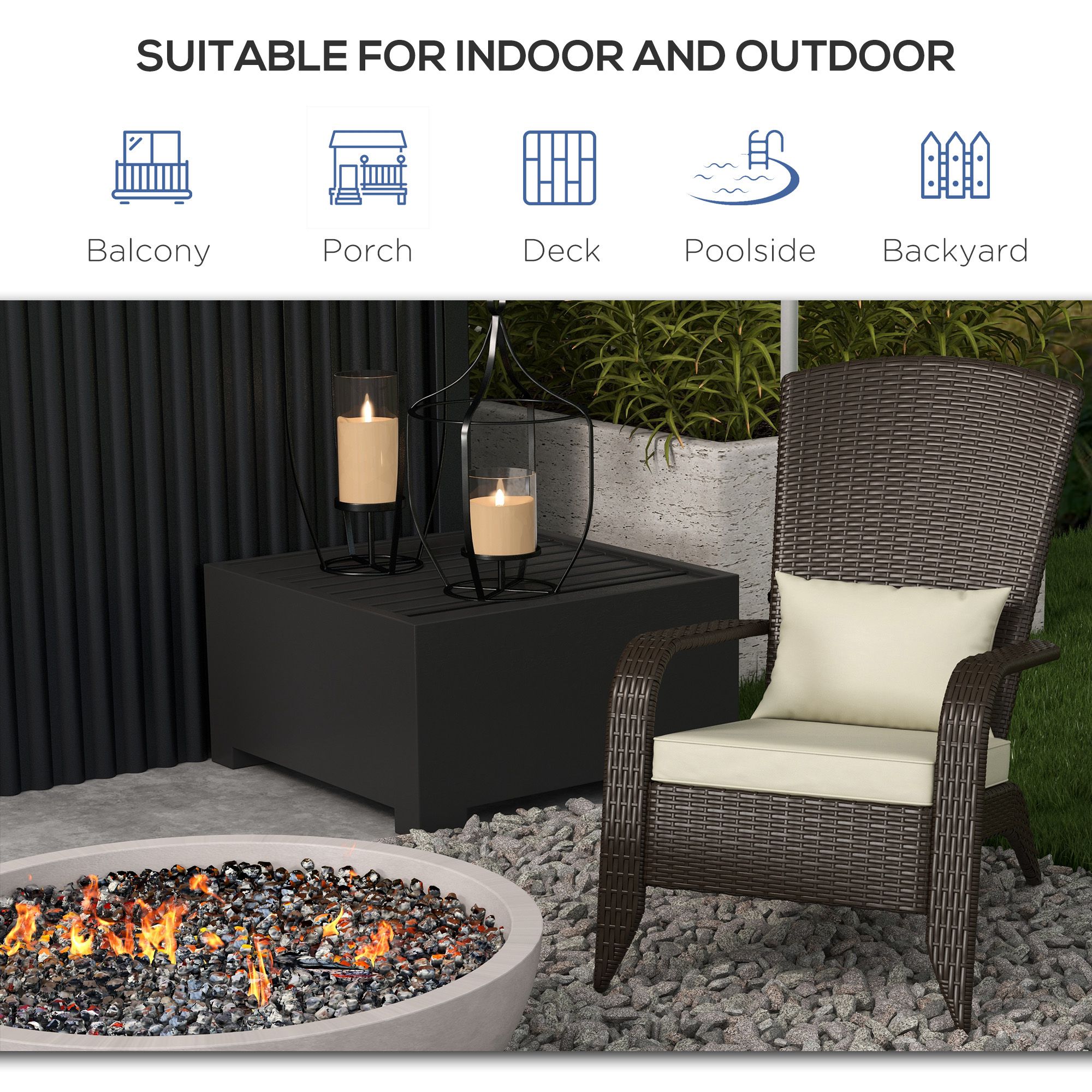 Patio Wicker Adirondack Chair, Outdoor Rattan Muskoka Chair with Cushions for Patio, Garden, Backyard Khaki - Image 5
