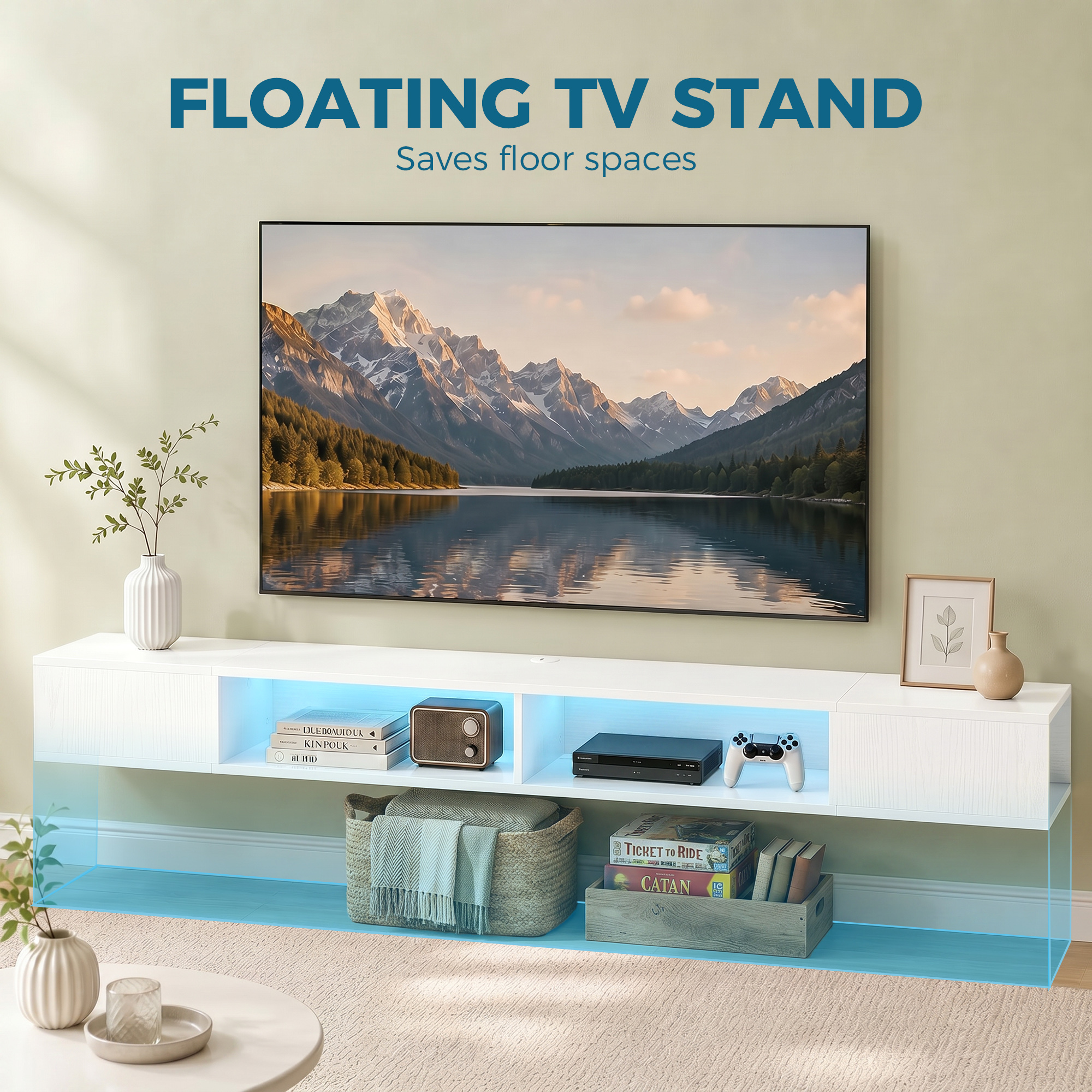 TV Stand with RGB LED Lights, Entertainment Center with Open Shelves for 75 Inch TV, White - Image 2