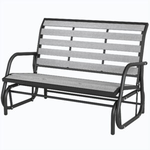 2 Person Outdoor Glider Bench, Patio Glider Loveseat with Faux Wood Slatted Seat and Back, Steel Frame, Grey