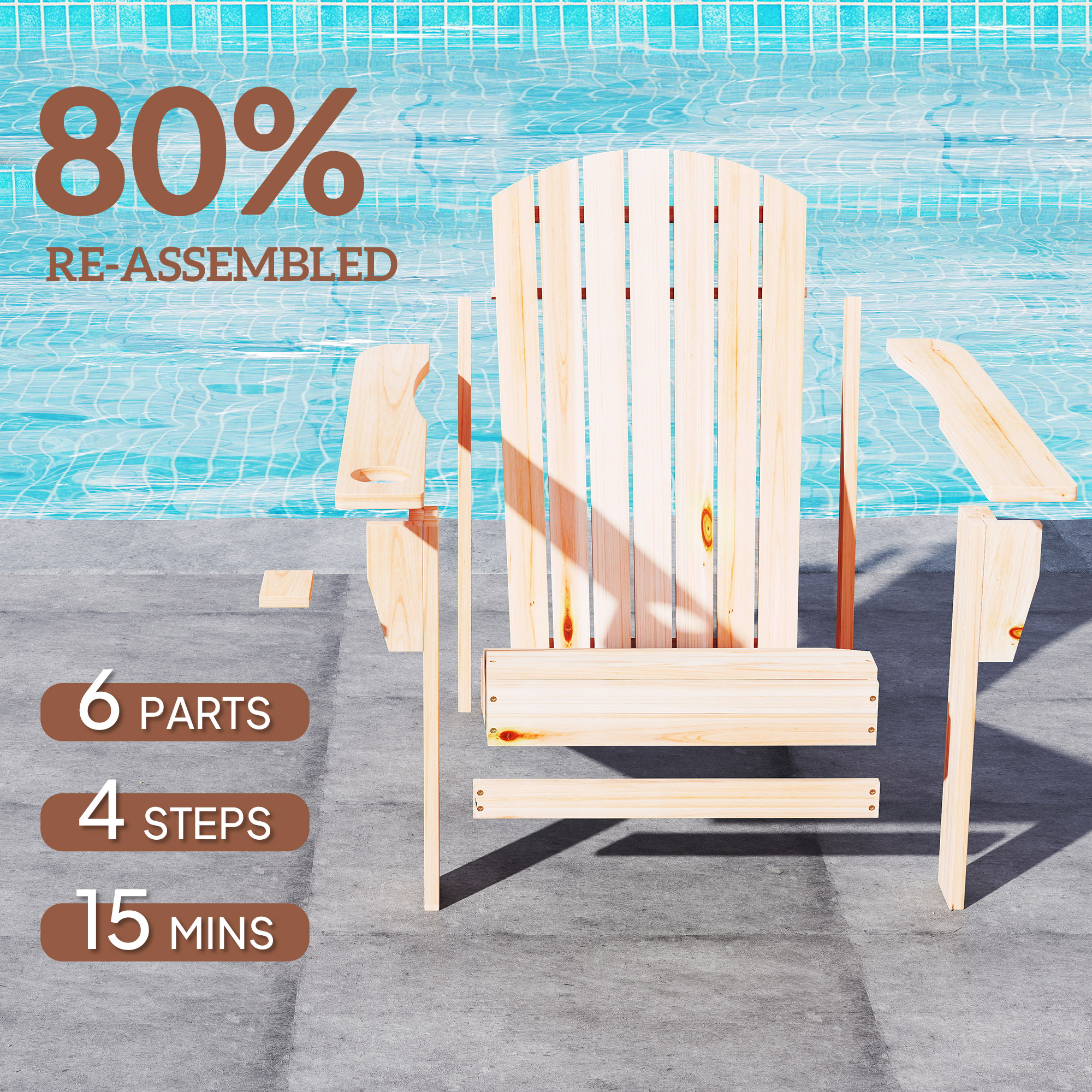 Classic Adirondack Chair Muskoka Chair, Garden Deck Chair with Cup Holder for Patio, Indoor, Backyard, Natural - Image 3