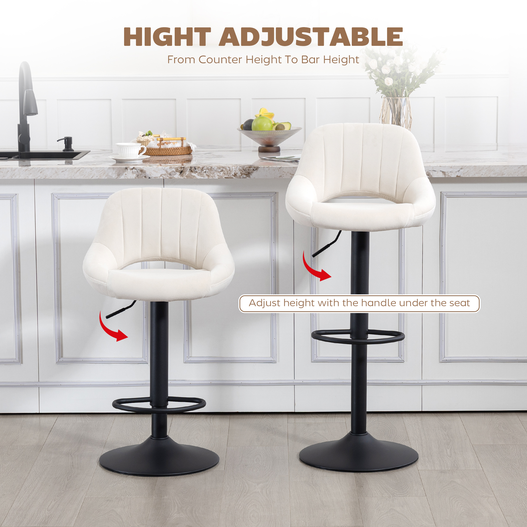 Bar Stools Set of 2, Swivel Counter Height Barstools with Adjustable Height and Cutout Back, Velvet Upholstered Bar Chairs with Round Metal Base and Footrest, Cream - Image 3