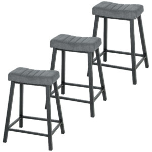 Set of 3 Bar Stools, Velvet Upholstered Counter Stools with Curved Seat and Footrest for Kitchen Island, Grey