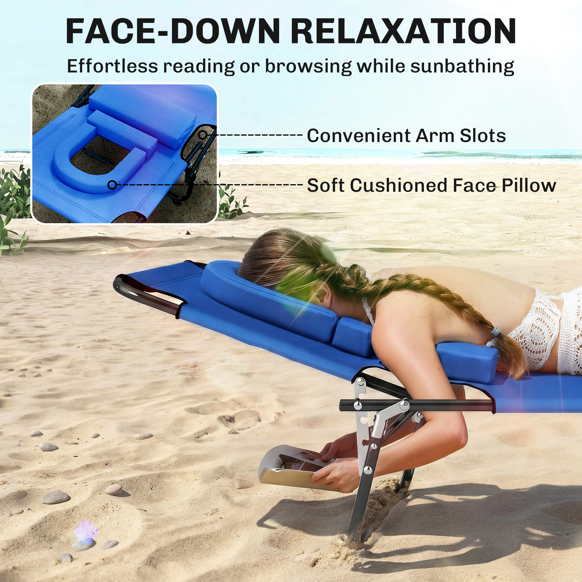 Folding Chaise Lounge Chair, Reclining Beach Tanning Chair with Face Hole, Pillow, 4-Position Adjustable Lay Flat Sun Lounger, Steel Frame for Outdoor Patio Pool, Blue - Image 2