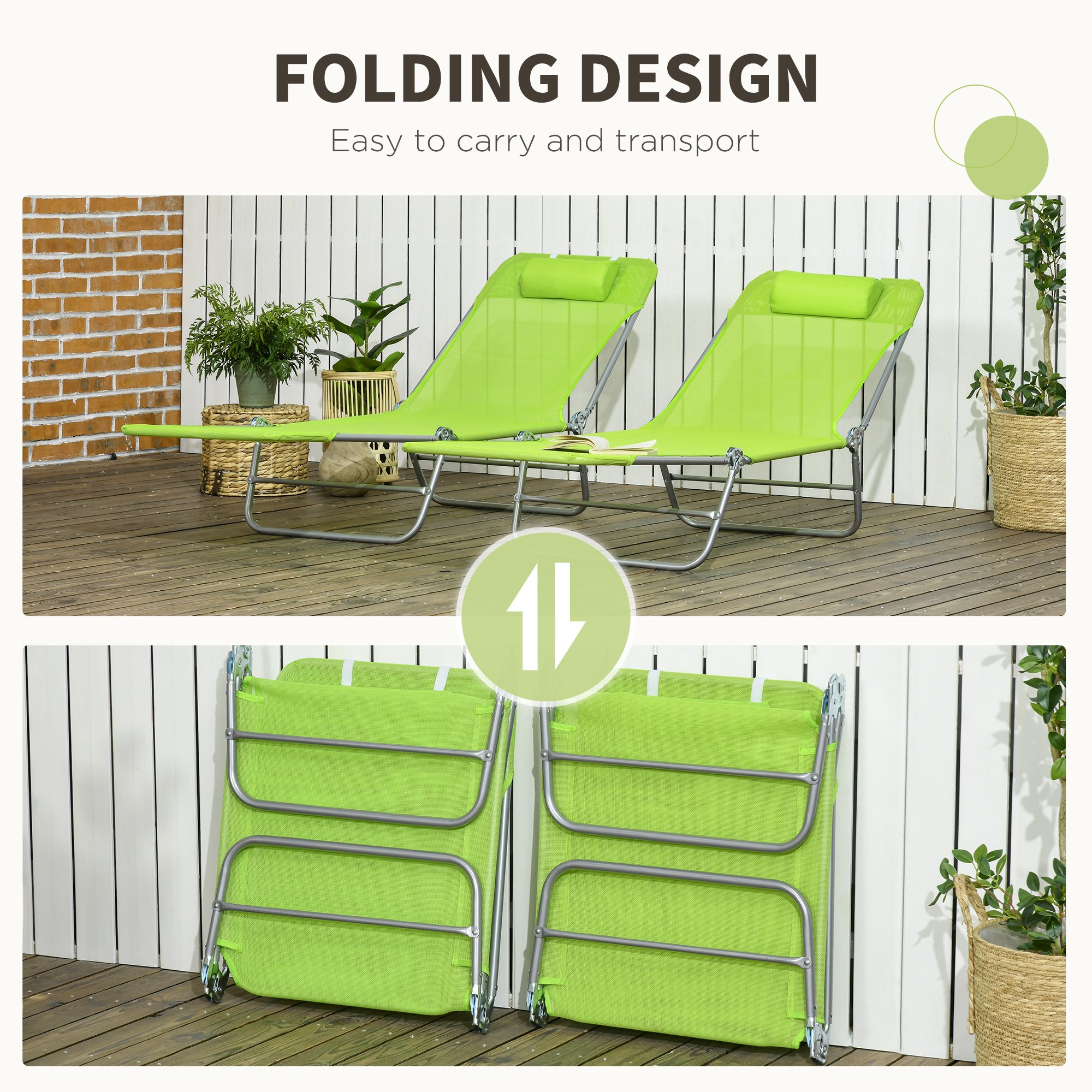 Set of 2 Folding Chaise Lounge Chairs, Outdoor Poolside Sun Tanning Chairs w/ Pillow, Reclining Backrest, Green - Image 3