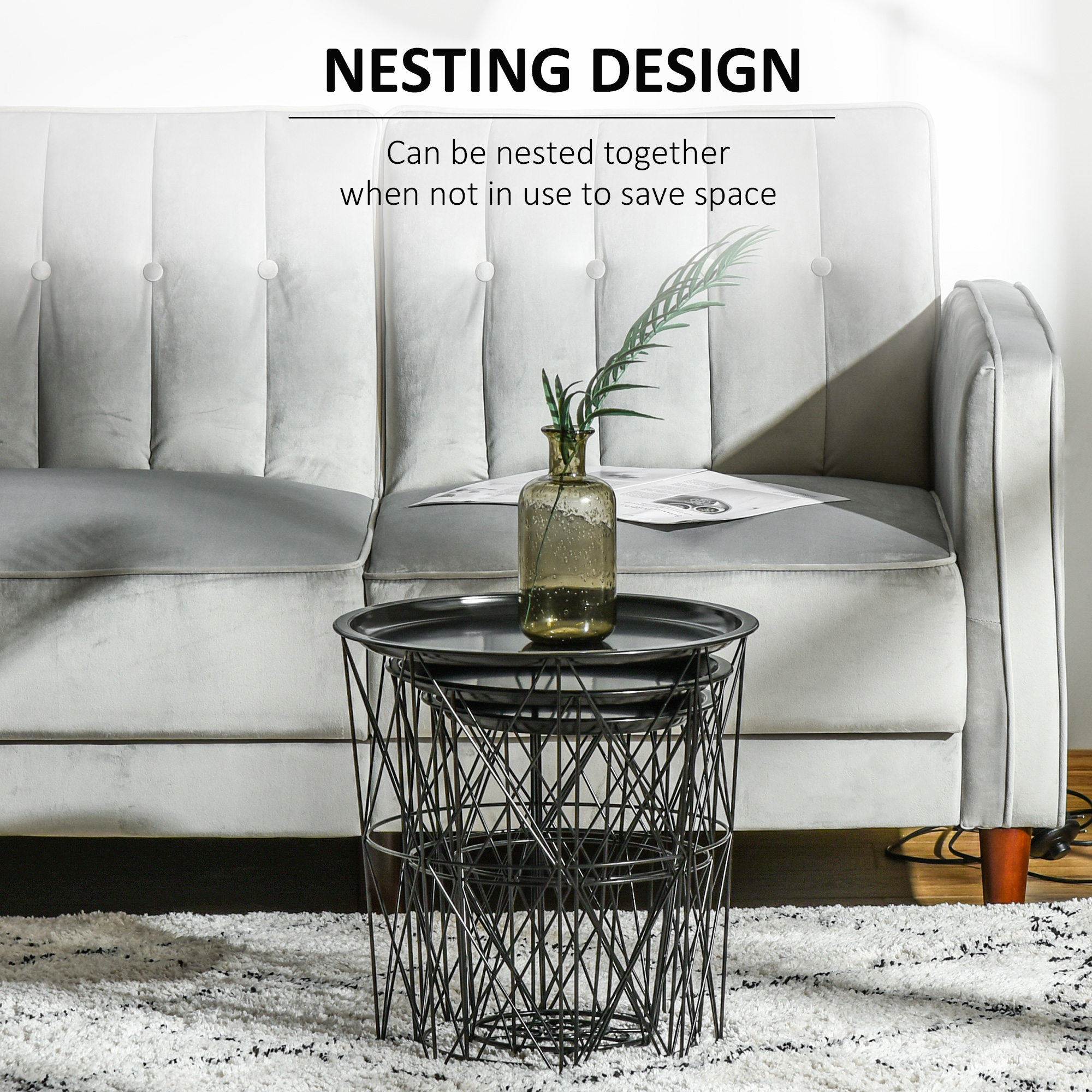 Set of 3 Nesting Coffee Tables with Storage, Round End Table with Removable Tray, Basket Side Tables with Metal Frame for Living Room, Black - Image 2