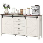 60" Buffet Cabinet, Farmhouse Sideboard with Sliding Barn Doors, Drawers and Adjustable Shelves, Cream White