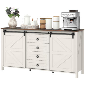 60" Buffet Cabinet, Farmhouse Sideboard with Sliding Barn Doors, Drawers and Adjustable Shelves, Cream White