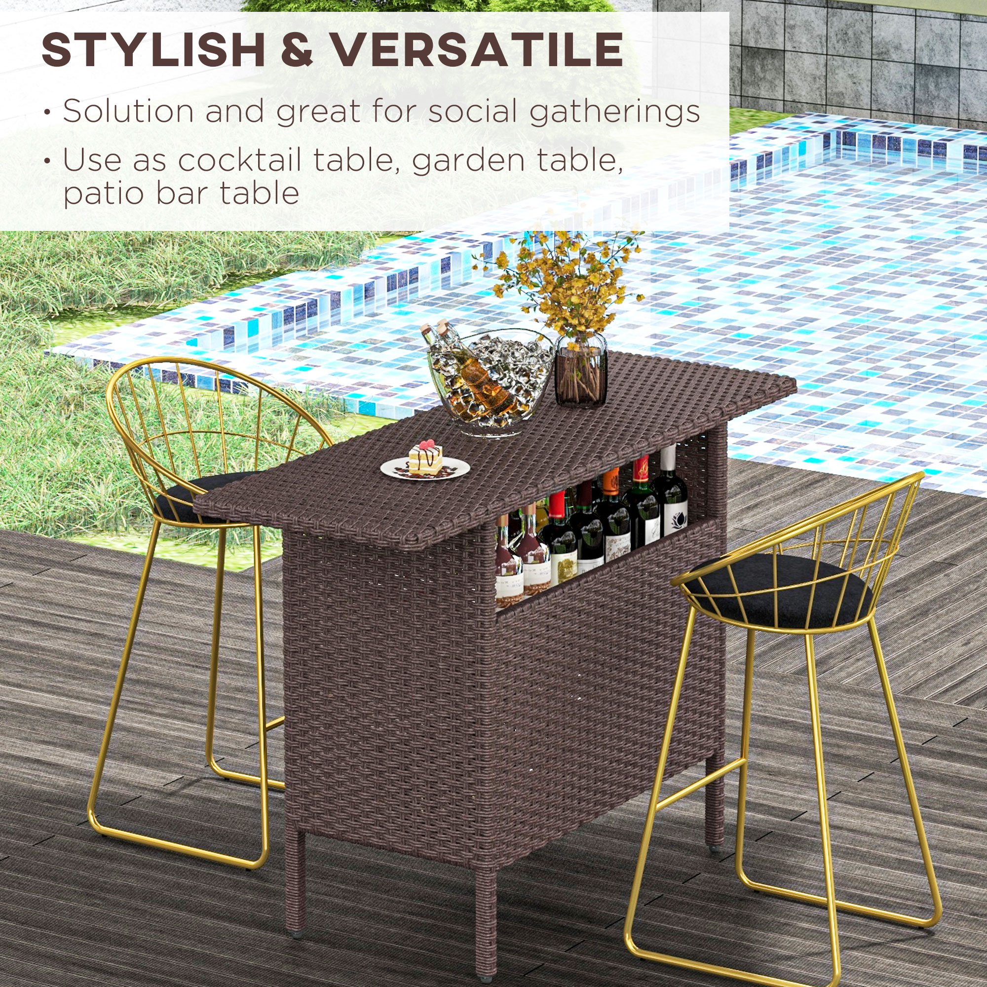 Bar Height Outdoor Rattan Table, Patio Wicker Bar Table with 2 Storage Shelves, 55.1" x 18.5" x 37", Brown - Image 2