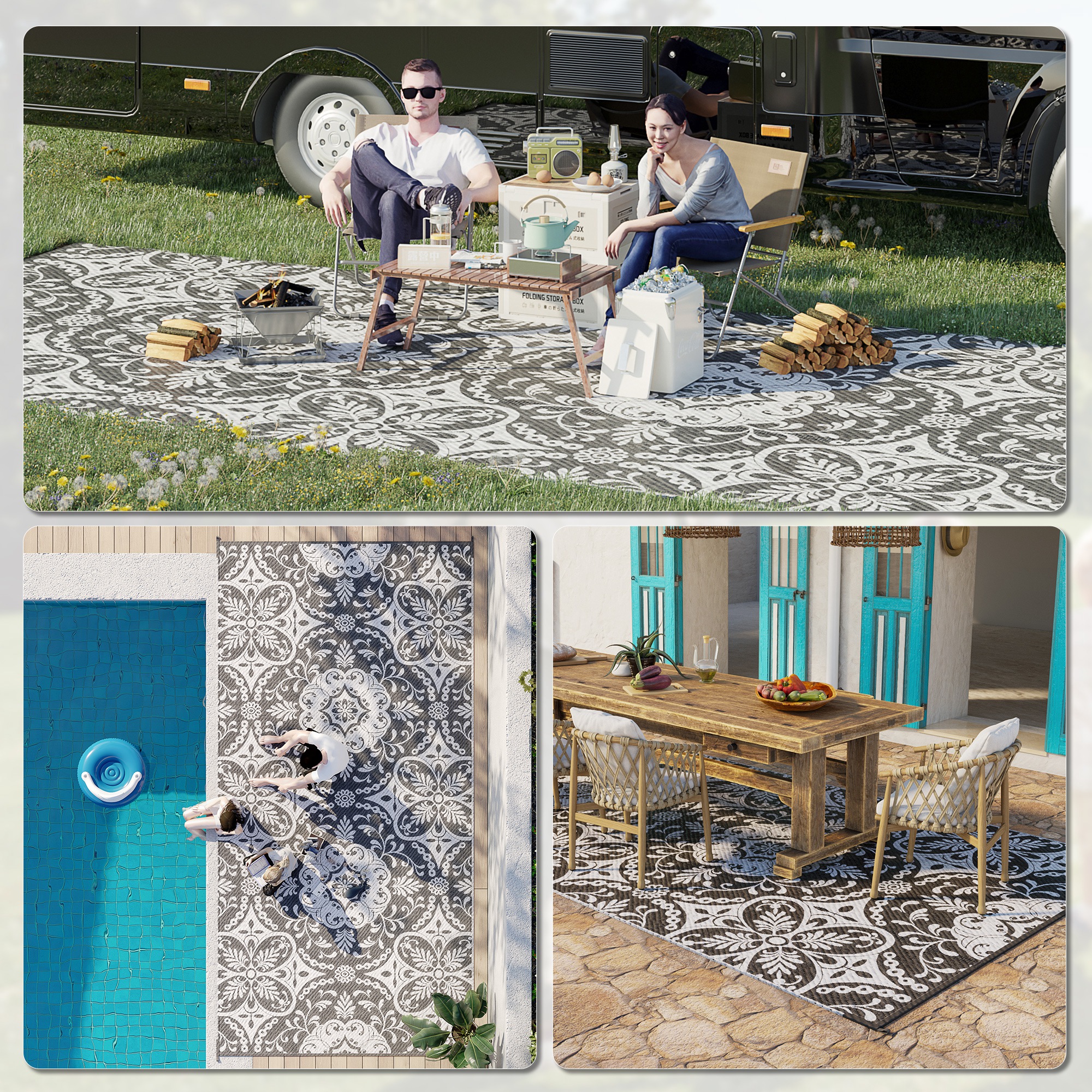 Portable Outdoor Rug with Carry Bag, 9' x 18' Reversible Mat, Waterproof Plastic Straw RV Rug for Backyard, Deck, Picnic, Beach, Camping, Gray & White Flower - Image 3