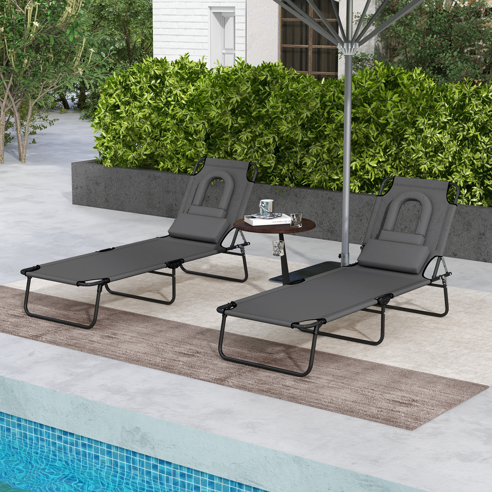 Folding Lounge Chair Set of 2, Reclining Beach Tanning Chair with Face Hole, Pillow, 4-Position Adjustable Flat Sun Lounger, Steel Frame for Outdoor Patio Pool, Grey - Image 6