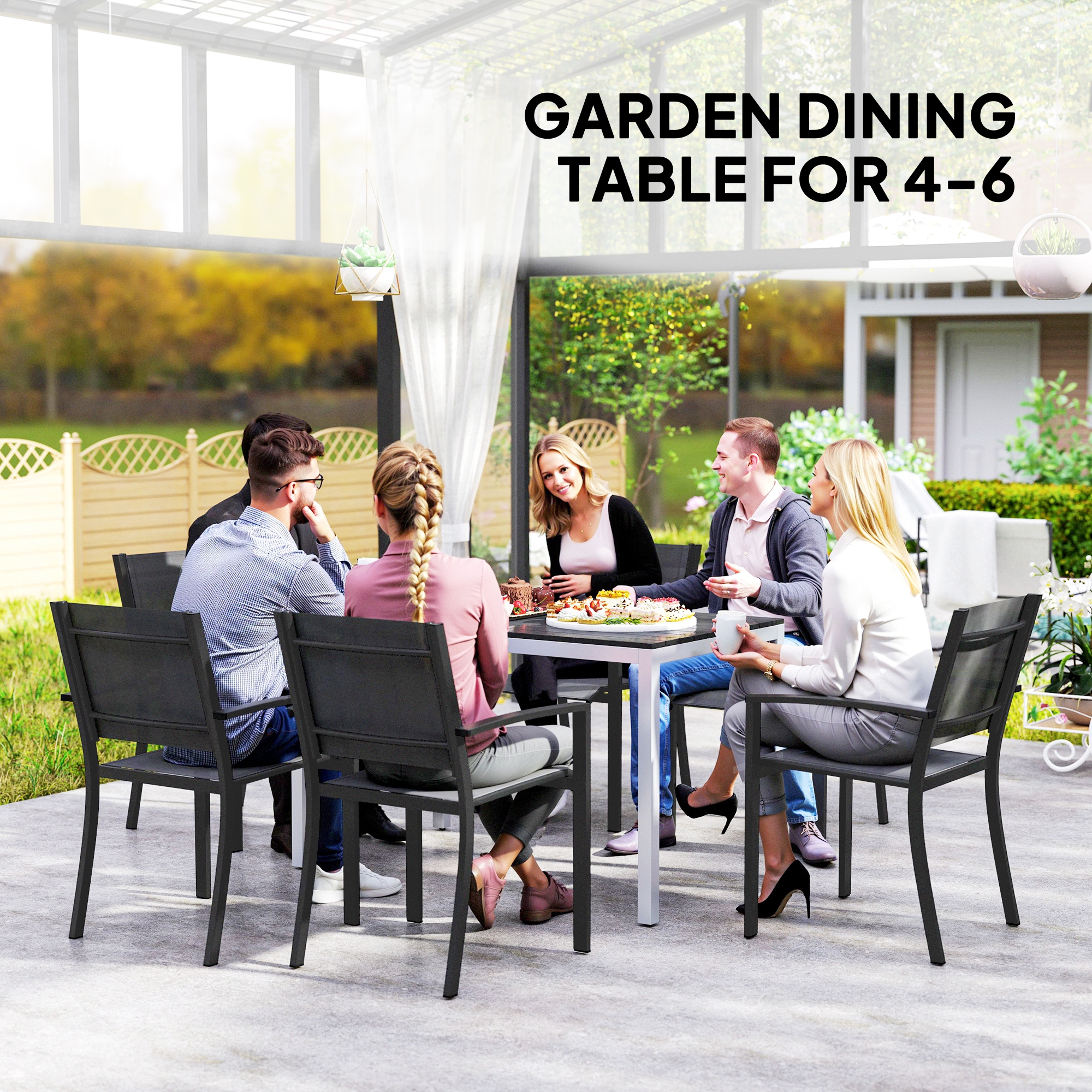 Outdoor Dining Table for 4-6 with Easy Maintenance Slatted Top, Rust-Resistant Aluminium Frame, Black - Image 3