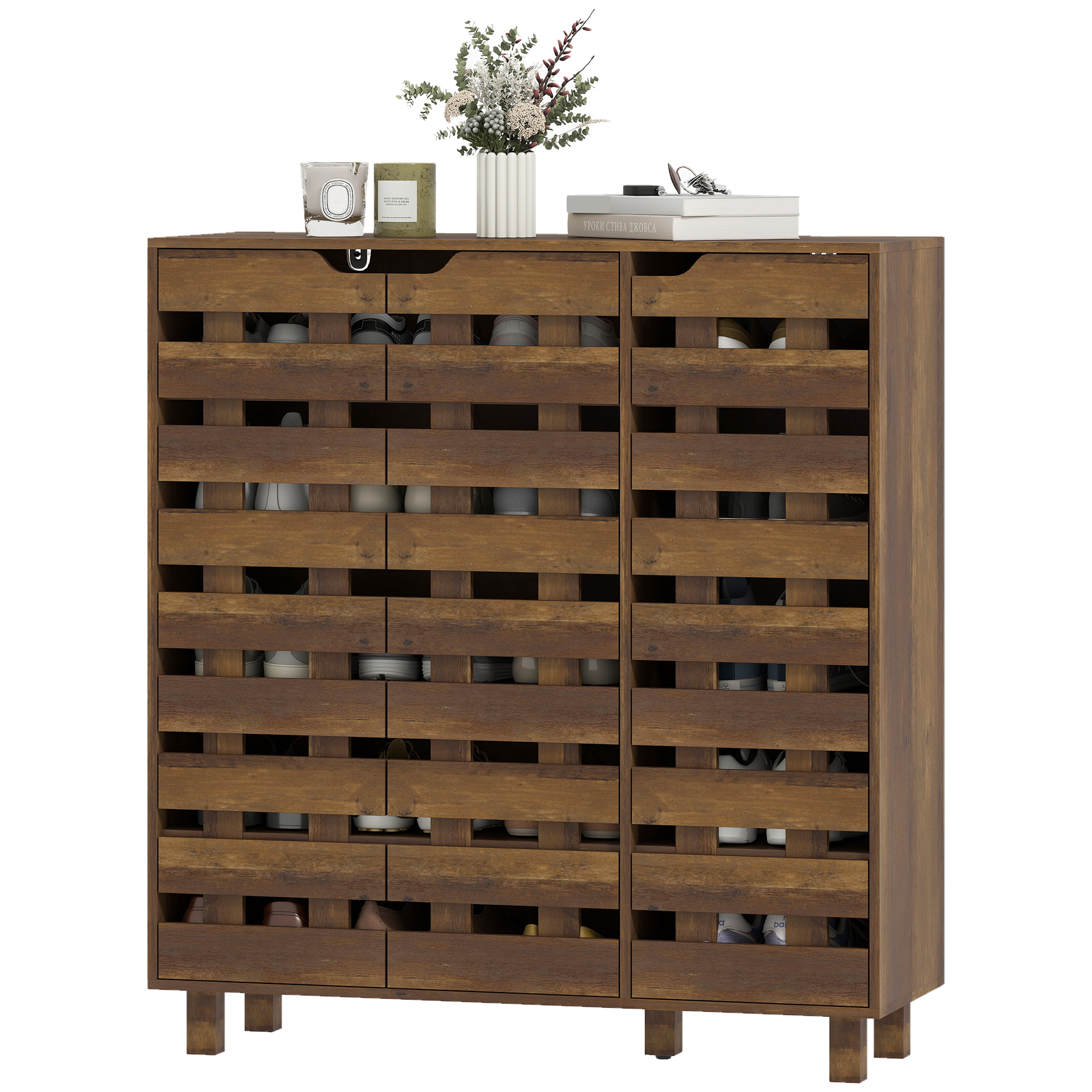 Shoe Cabinet, 20 Pair Shoe Storage Cabinet with Hollowed-Out Doors, Distressed Brown