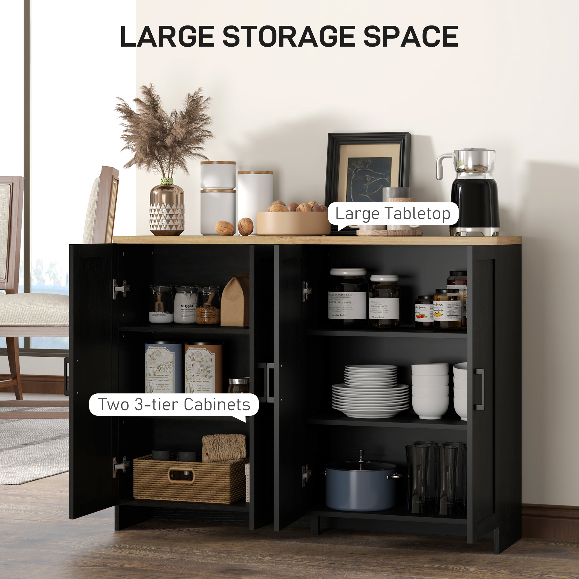 Modern Sideboard Buffet Cabinet, Modern Kitchen Storage Cabinet with 4 Doors Adjustable Shelves, for Dining Room, Black - Image 2