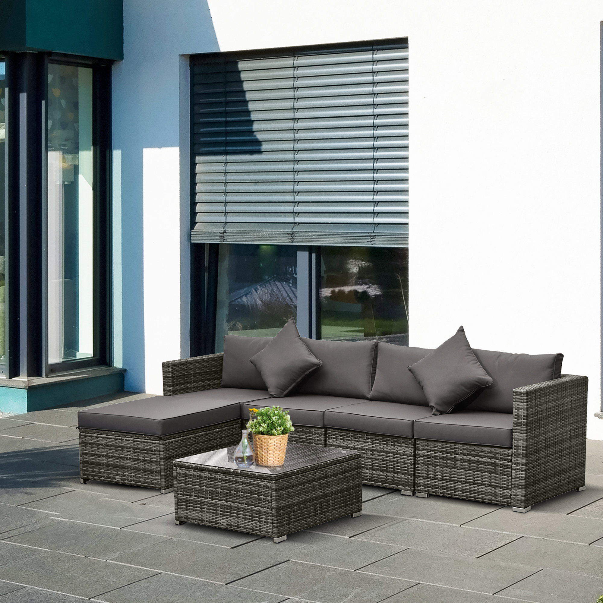 6 Pieces Outdoor PE Rattan Wicker Patio Furniture Sofa Set with Thick Cushions, Deluxe Garden Sectional Couch with Glass Top Table, Mixed Grey and Charcoal - Image 6